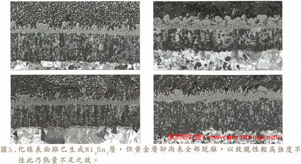 下面四图显示，当焊接的热量不足或未持续时，虽然Ni3Sn4的薄薄IMC层已经生成而焊牢，但也会因为AuSn及AuSn2还未来得及逸走，而停留在共金介面附近，当有外力拉扯的时候，就很容易断裂开来。这就是为何ENIG的焊点强度，始终不如铜面焊点(Cu6Sn5)来得更为牢固的主因之一。