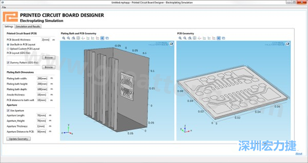 电镀App允许PCB板设计人员导入不同的设计(包含或不含虚置图形)，点击计算，然后就能查看所仿真的厚度均匀性-深圳宏力捷