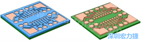 铜被电镀在导电种子层之上，从而填满了PCB板上的图形化光刻胶腔体(左)。清除光刻胶，蚀刻暴露出的种子层以分隔开不同的铜线(右)-深圳宏力捷