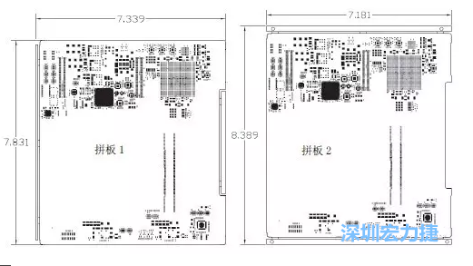 如图11所示在两种拼板中PCB单元的边条位置不同，拼板1中边条在长边方向，而拼板2中边条在短边方向-深圳宏力捷