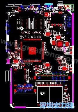 上图是一个开发板的PCB，从布局中可以看出各个接口电路分离很明确，SDRAM和DDR以及SD卡接口电路等走线不会造成相互的干扰。-深圳宏力捷