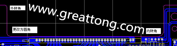 PCB设计时单面板的转角都需为圆角，R1.0mm或R2.0mm为宜。