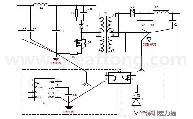 功率回路和控制回路要注意分开，采用单点接地方式