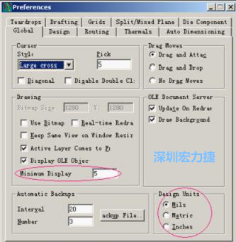 改单位Global→Design Units；改最小显示线宽Global→Drawing
