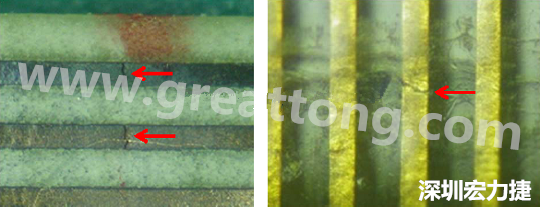 一旦找到确切的铜箔线路断裂位置，如果还是无法观察到断裂的现象，就试着在显微镜下弯曲该位置的软板，这样就可以突显并放大断裂铜箔的开口了。 