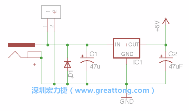 2.5.    新增一个二极体，它会以水平的状态出现在屏幕上，请使用「旋转（Rotate）」工具把它负极那一面朝上，并且用「网络连接」工具将它连接在电压调整器的输入端和接地端之间。