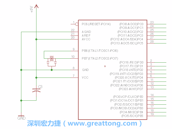 3.2.    在靠近ATmega的电源供应针脚7的位置放置一个0.1μF的电容，将它分别连接电源、接地端和针脚7。