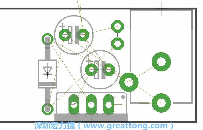 如同第一篇的步骤，我们将从电源迴路开始着手，移动电源插座（Power Jack）、电压调整器、二极体、两个电容和辅助接头JP1到如上图所示的位置。