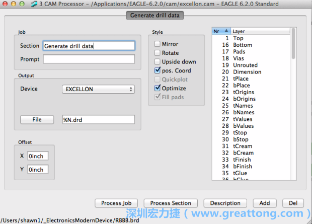 打开「excellon.cam」的工作项目并建立drill文件（副档名为「.dri」和「.drd」），之后你只会用到「.drd」的文件档；「.dri」的文件只是解释用资料（所谓后设资料）而已。