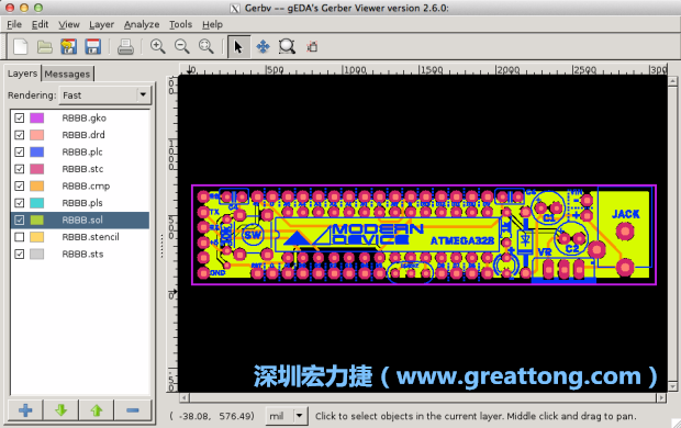 将图层汇入你的Gerber预览工具内（下图为Gerbv），我通?；岽由系较轮匦屡帕兴堑乃承?，好让我比较好校对：
