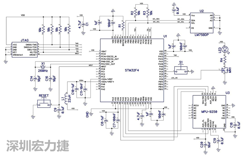 图 1. STM32F4微控制器的电路图。