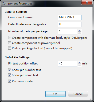 按下工具  "Create a new component"， 出现底下画面， 按下OK后， 产生MYCONN3/U? 文字重迭在一在， 把它们分开(用mouse选择并按下"M"， 即可移动)