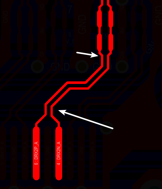 相应的要对差分对不匹配的情况作出补偿，使其线长匹配，长度差通?？刂圃?mil以内