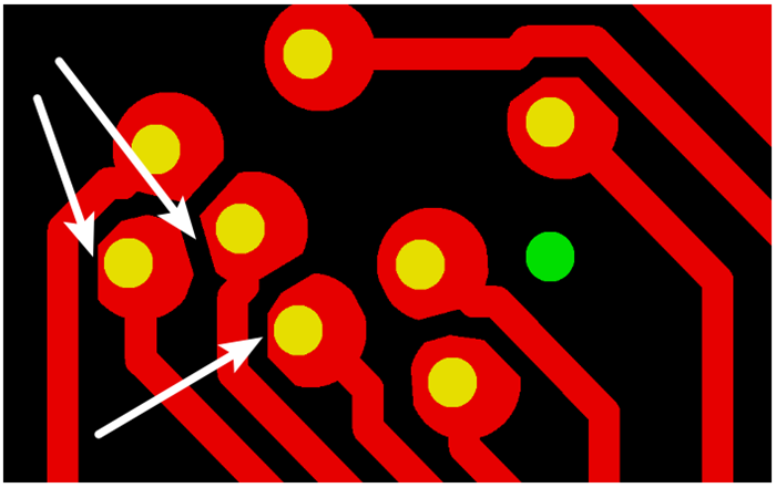 按源文件文件数据计算，孔边缘到线边缘6mil，孔环4mil，环到线只有2mil，保证环到线之间有3mil的安全间距需削1mil焊环，削后焊盘只有3mil