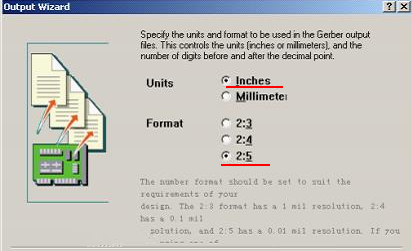 在上图中选择“Inches 2：5”，以确保资料精度，反之线宽、线距或孔有偏移现象
