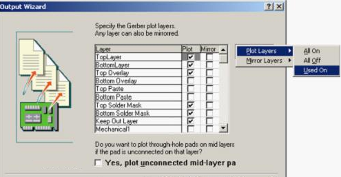 按“Next”，点击“Menu”将Plot Layers置为Used On，Mirror Layers置为All Off后按“Next”