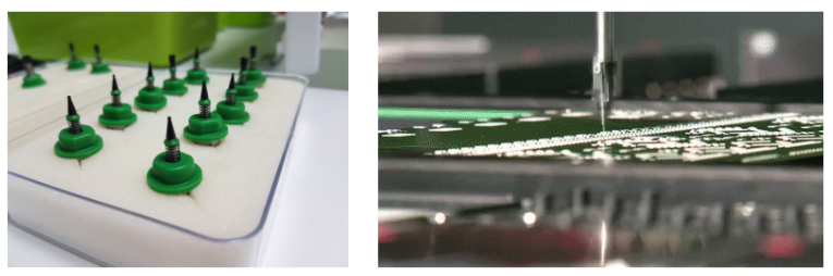 用来吸取零件的小吸盘（左），自动机械臂将零件迅速向下扔（右）