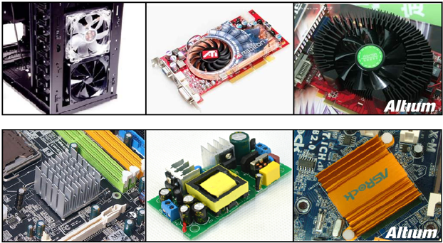 承载大电流的电路中功耗损失所产生的热量应梳离发热器件以对抗温升。大家都可能熟悉电脑处理器上使用的风扇和散热片。